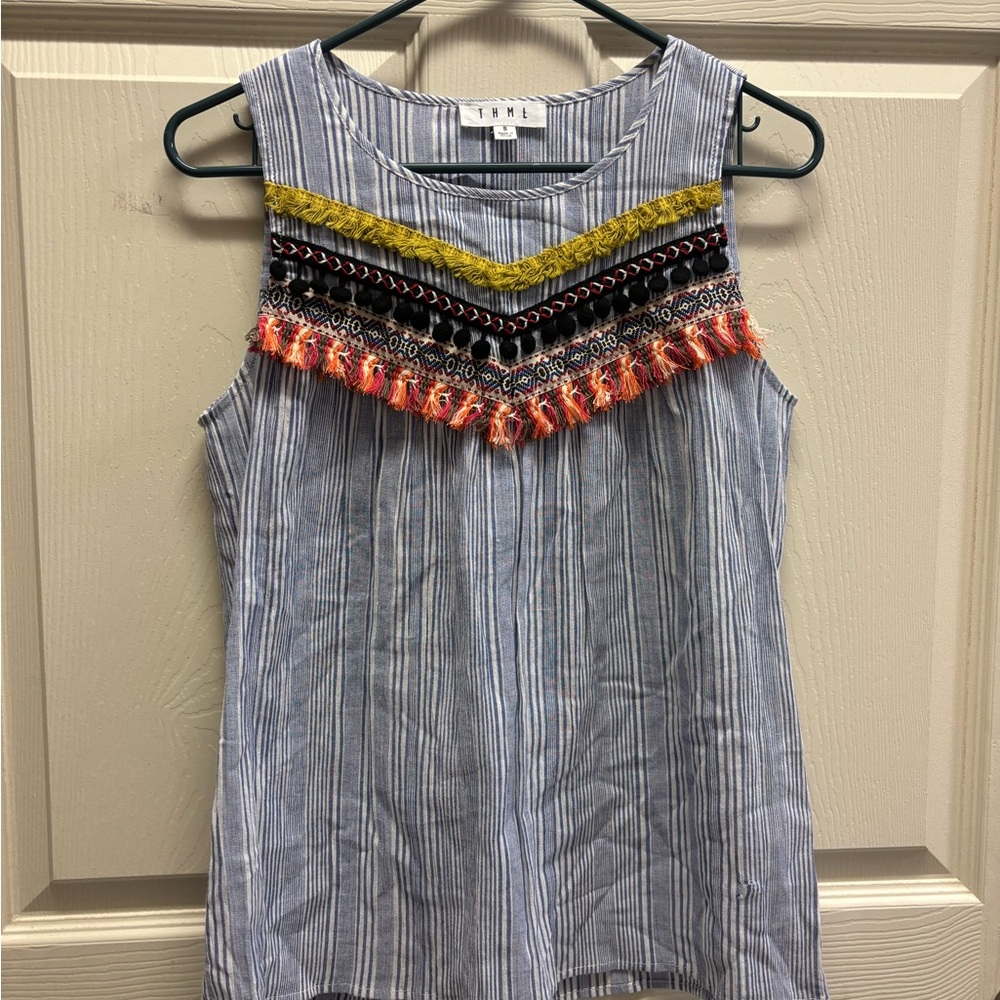 THML Striped Tank Detailed Embroidery Boho Beachy Relaxed Casual Shirt Top Small